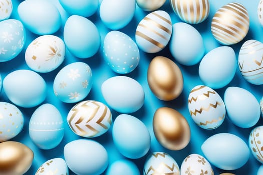 Easter eggs in light blue and gold tones on a blue background. Easter concept. AI generated.