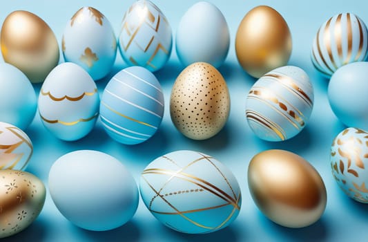 Easter eggs in light blue and gold tones on a blue background. Easter concept. AI generated.