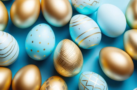 Easter eggs in light blue and gold tones on a blue background. Easter concept. AI generated.