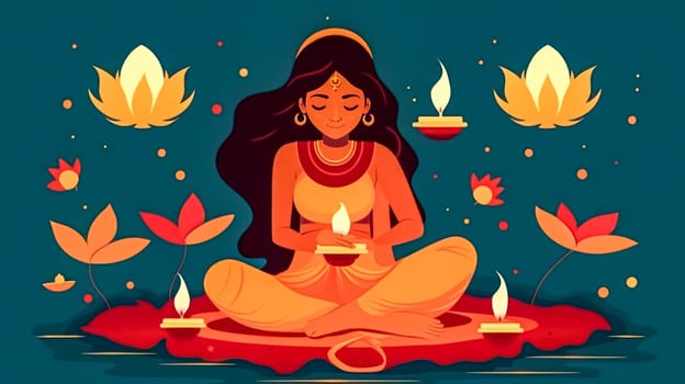 Celebrate the joyous occasion of Diwali with this vibrant illustration. Indian people in traditional attire hold lit oil lamps, spreading warmth and light during the festival of lights.