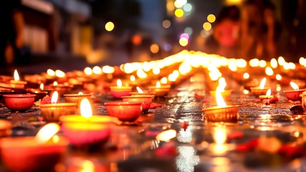In the midst of colorful festivities, people joyfully celebrate Diwali, lighting candles on the streets, enhancing the spirit of the Indian holiday.