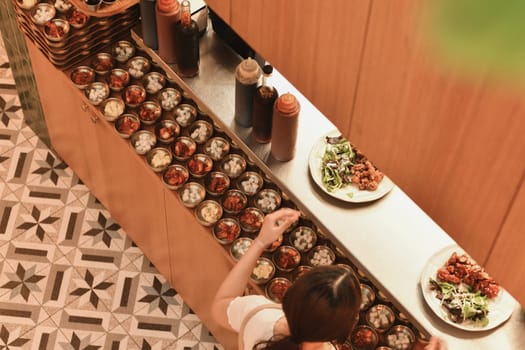 Top view of small Korean set dishes in a restaurant