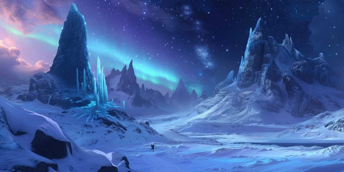 A magical winter wonderland at night, with ice castles, aurora borealis in the sky, and mystical creatures wandering in the snow-covered landscape. Resplendent.
