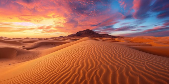 An expansive desert landscape at sunset, vivid colors in the sky, dunes creating patterns, portraying the beauty of wilderness. Resplendent.