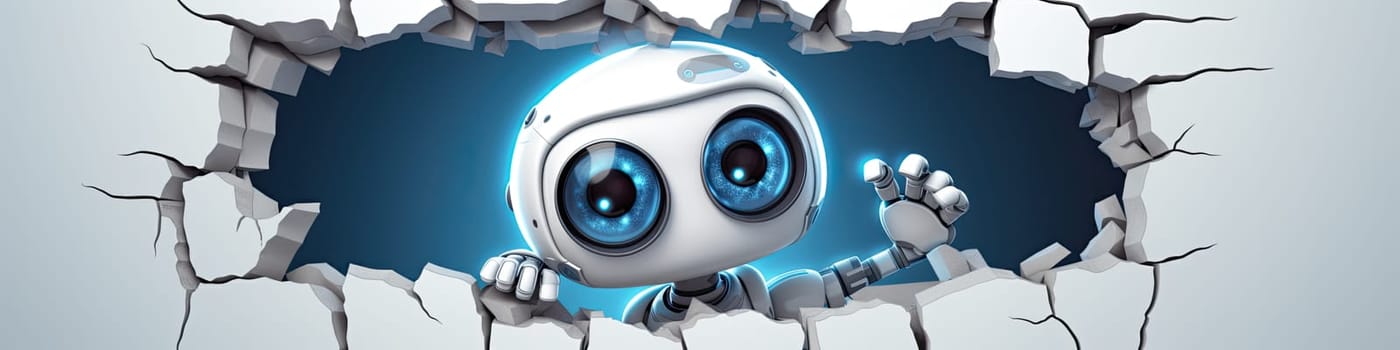 3D Cute robot peeking out of a hole in the wall, torn hole, empty copy space frame, mockup on banner