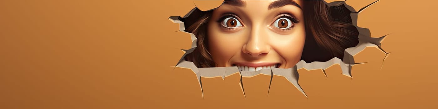 3D Cute woman peeking out of hole in wall, torn hole, empty copy space frame, mockup on banner