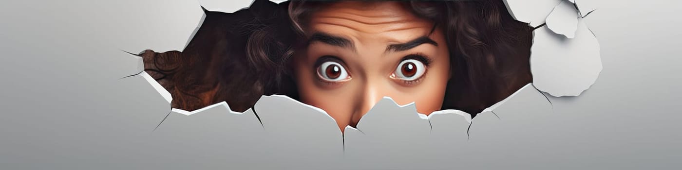 3D Cute woman peeking out of hole in wall, torn hole, empty copy space frame, mockup on banner