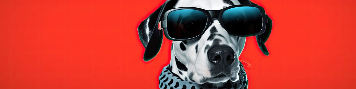 Dalmatian dog portrait cute puppy wear a retro sunglass fashion collar collage as banner on the red background