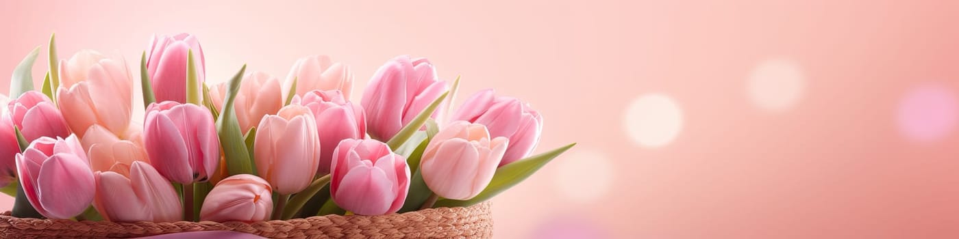 Basket of pink tulip flowers on pink spring bright pink background, floral concept