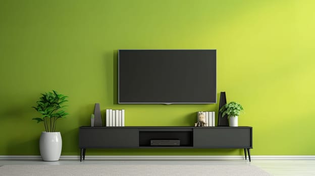 black TV with a green scene of modern interior, minimalism concept