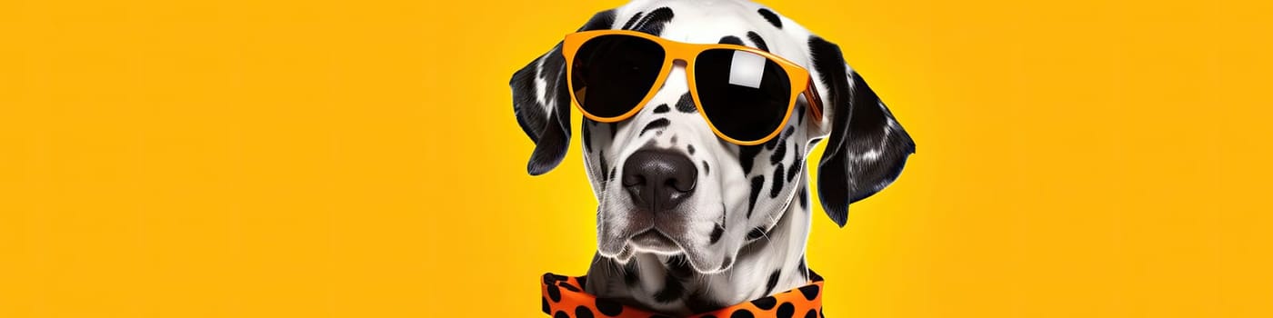 Dalmatian dog portrait cute puppy wear retro sunglass fashion collar collage as banner on the yellow background