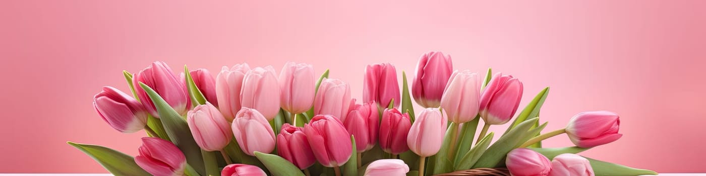 Basket of pink tulip flowers on pink spring bright pink background, floral concept