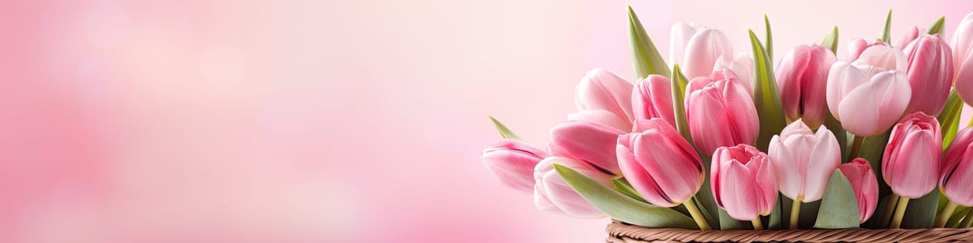 Basket of pink tulip flowers on pink spring bright pink background, floral concept