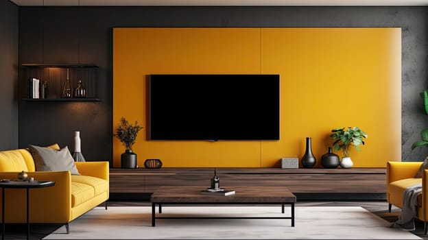 black TV with yellow scene in a modern interior, minimalism concept