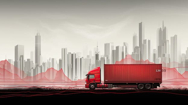 A poignant portrayal of a red graph ascending, set against backdrop of urban development, a solitary truck navigating through the cityscape