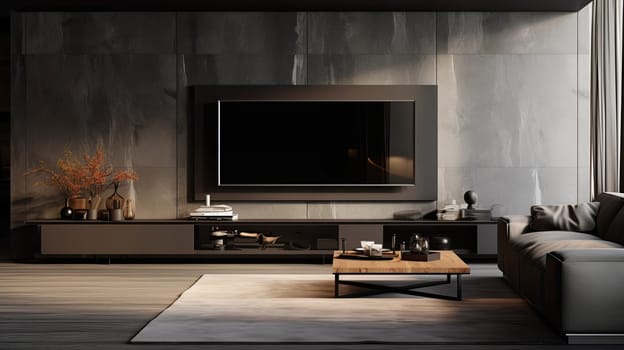 Black TV in a modern interior, minimalism concept of an apartment