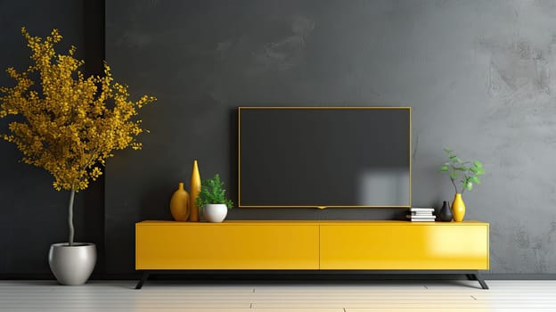 black TV with yellow scene in a modern interior, minimalism concept