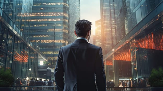 Back of businessman in suit with business office glass modern buildings background for economic market stock investment