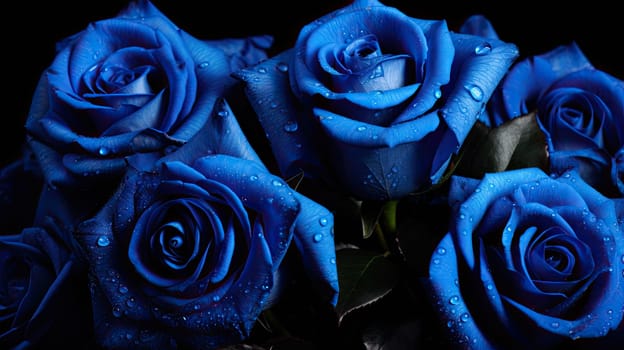 Close up of blue roses isolated on a dark black background, flora concept