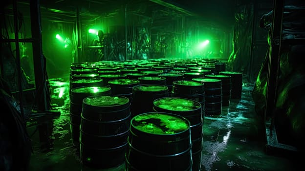 Dangerous green phosphorescent chemical material in the barrels underground