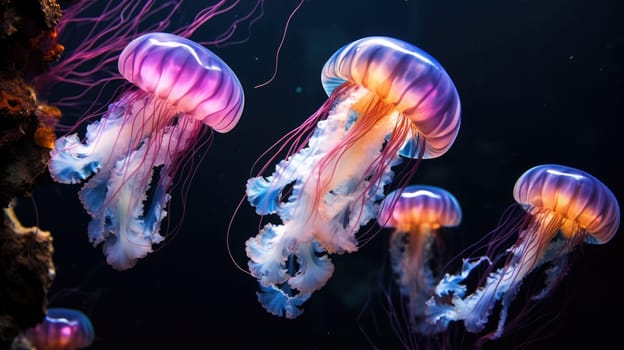 Colorful glowing jellyfish underwater at a deep sea, animal and wildlife concept