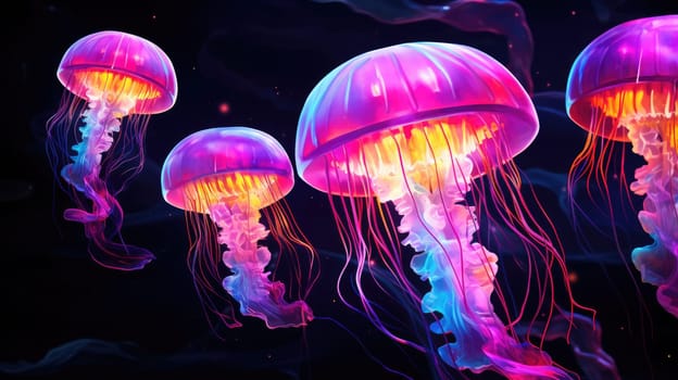 Colorful glowing jellyfish underwater at a deep sea, animal and wildlife concept