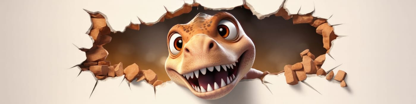 Cute T-Rex 3D peeking out of a hole in the wall, torn hole, empty copy space frame, mockup on banner
