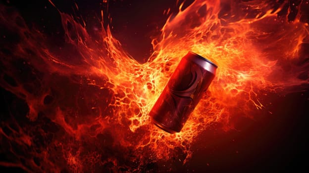 A powerful portrayal of an energy drink can in the midst of dynamic explosion, fiery energy radiating outward