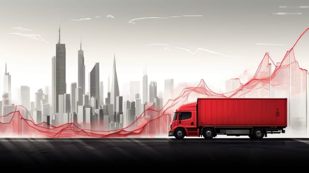 A poignant portrayal of a red graph ascending, set against backdrop of urban development, a solitary truck navigating through the cityscape