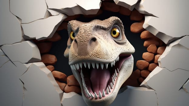 Cute T-Rex 3D peeking out of hole in wall, torn hole, empty copy space frame, mockup