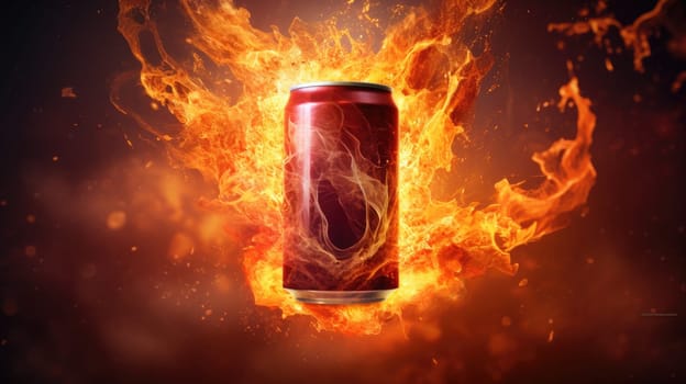 A powerful portrayal of an energy drink can in the midst of dynamic explosion, fiery energy radiating outward