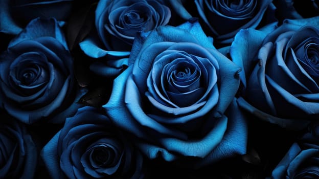 Close up of blue roses isolated on a dark black background, flora concept