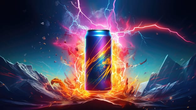 An exhilarating depiction of energy drink, vibrant and electrifying, bursting with energy symbols like lightning bolts and vibrant colors
