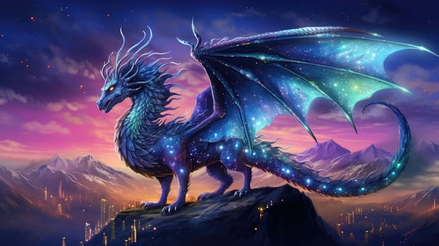 A mesmerizing dragon art design, featuring a majestic dragon with iridescent scales, soaring amidst starlit sky