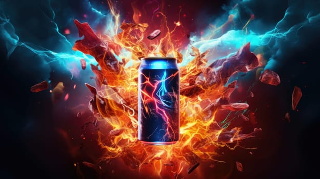 An exhilarating depiction of energy drink, vibrant and electrifying, bursting with energy symbols like lightning bolts and vibrant colors