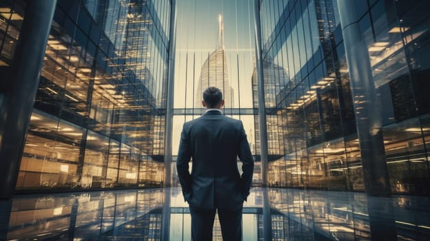 Back of businessman in suit with business office glass modern buildings background for economic market stock investment