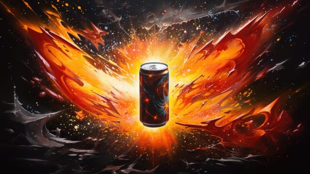 A powerful visual of an energy drink can amidst cosmic explosion of energy, stars and streaks of light surrounding it