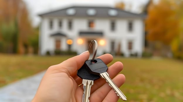 Caucasian hand holding keys in front of new house. Neural network generated image. Not based on any actual person or scene.