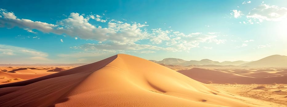 In the vast desert, amidst the natural landscape, a sand dune emerges, creating a stunning geological phenomenon against the sky's vast expanse.