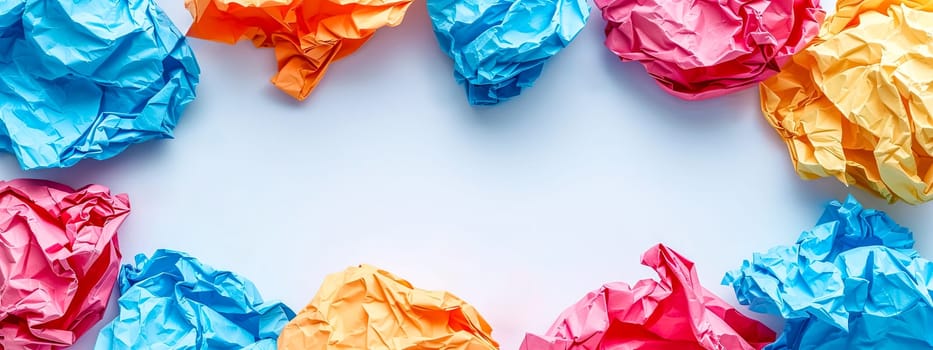 A photograph of crumpled paper in various colors like white, blue, petal, orange, pink, red, magenta, and electric blue displayed on a white background, resembling a circle.