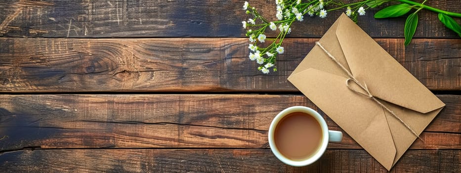 On a wooden table, there sits an envelope and a cup of coffee. The natural wood grain adds texture to the scene.