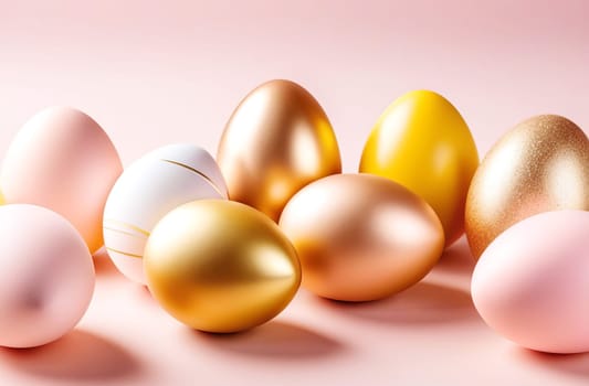 Easter eggs in light pink and gold tones on a blue background. Easter concept. AI generated.