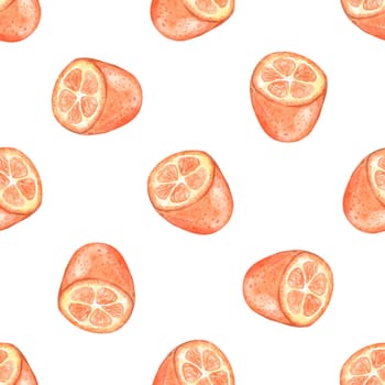 Watercolor cut kumquat fruit seamless pattern on white background for fabric, textile, wrapping, branding, scrapbook