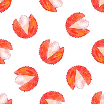 Watercolor cut lychee fruit seamless pattern on white background for fabric, textile, wrapping, branding, scrapbook