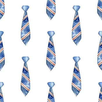 Watercolor blue tie with stripes seamless pattern on white background for fabric, textile, wrapping, branding, scrapbook