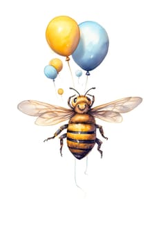 Share the sweetness with this charming watercolor illustration of a cheerful bee carrying a bunch of vibrant balloons. Ideal for greeting cards!