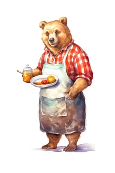 Charming watercolor depiction of a bear wearing an apron and holding food in its paws, perfect for culinary themed designs and creative projects.