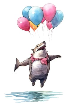 Celebrate with a splash. A charming watercolor shark, buoyed by vibrant balloons, graces this delightful greeting card, perfect for any occasion.
