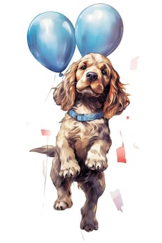 Brighten someones day with this delightful watercolor illustration of an adorable spaniel puppy holding a bunch of colorful balloons. Perfect for greeting cards!