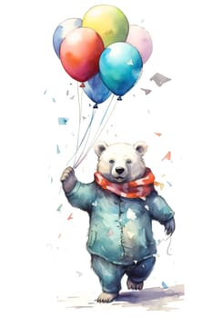 Add a touch of whimsy to your greeting with an adorable watercolor illustration of a polar bear with balloons, perfect for any special occasion.